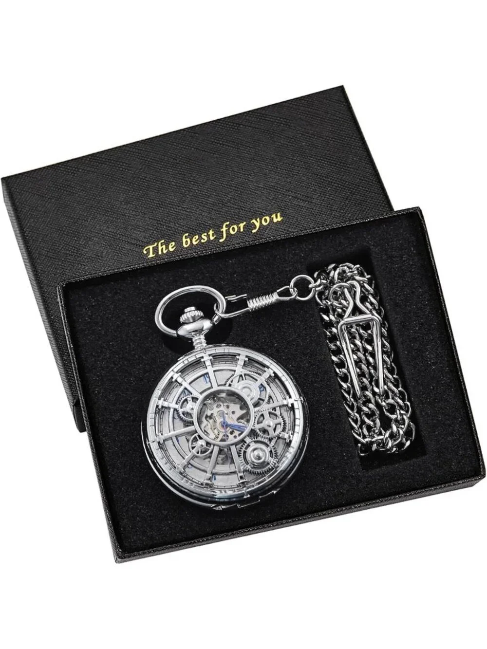 Men's Silver Vintage Style Hollow-Out Round Gear Arabic Mechanical Pocket Watch